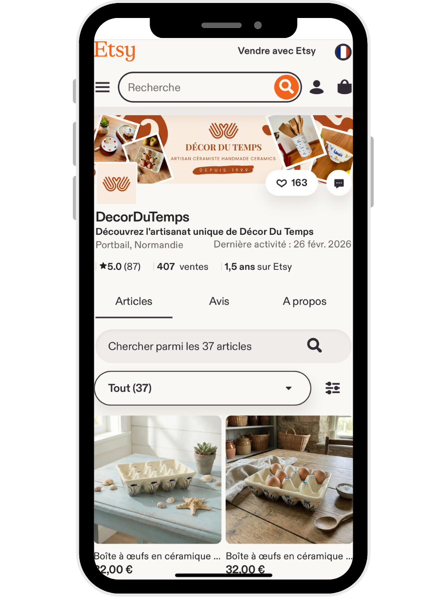 Boutique Etsy Décor Du Temps vue d'un téléphone